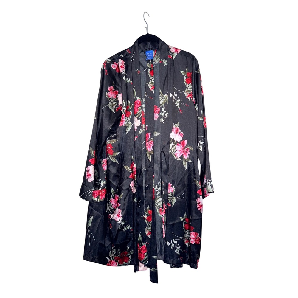 Apt 9 Womens Black Satin Floral Robe Pink Flower Kimono Long Sleeve Loungewear
